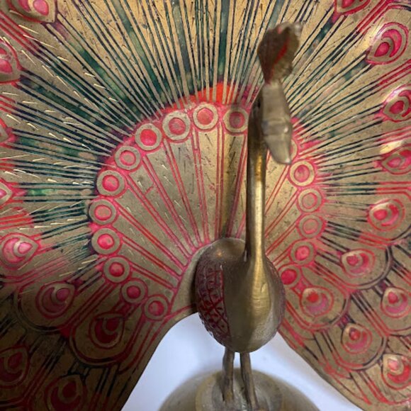 Vintage Indian Hand-Etched Red Green Enamel Brass Peacock Figurine 8" - Picture 9 of 12